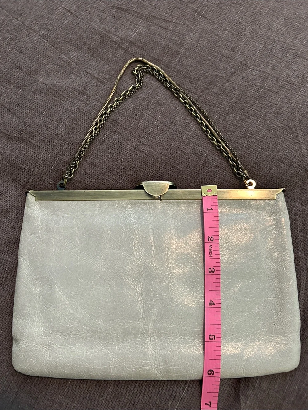 HOBO Pale Gray Leather Frame Clutch with Brass Chain - Picture 3 of 9